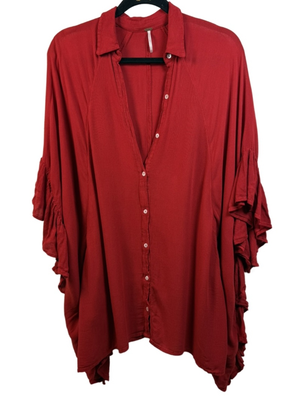 Free People Red Ruffle-Sleeve Button-Down Shirt with pockets
